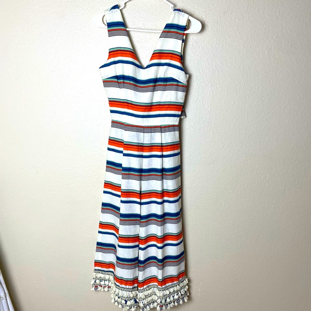 Anthropologie Moon River Ivory striped Wrap Tassel Jumpsuit Size linen blend S